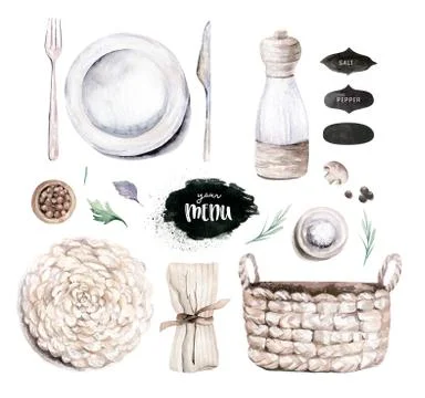 Table setting, top view. Watercolor hand drawn illustrations type of plate, fork Stock Illustration