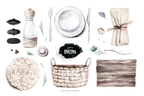 Table setting, top view. Watercolor hand drawn illustrations type of plate, fork Stock Illustration