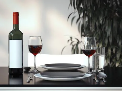 Table setting with two glasses. 3d rendering Stock Photos