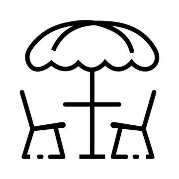 Table setting for two with umbrella cover presented as black outline isolated Illustration