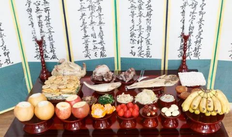 Table setting with various fruits and foods for Korean traditional Holiday Stock Photos