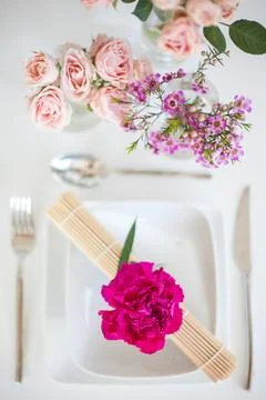 Table, setting, view, flowers, dining, plate, fork, knife, spoon, flat lay,.. Stock Photos