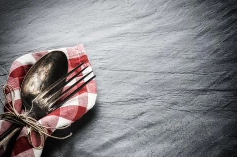 Table setting with vintage spoon and fork Stock Photos