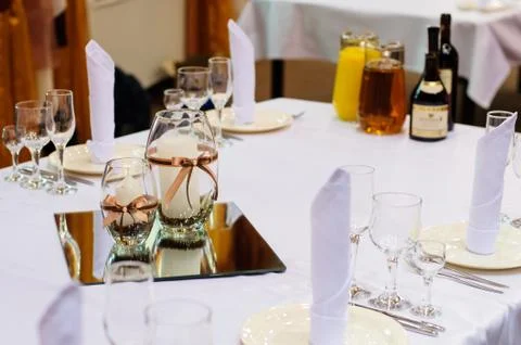 Table setting for wedding dinner. 스톡 사진