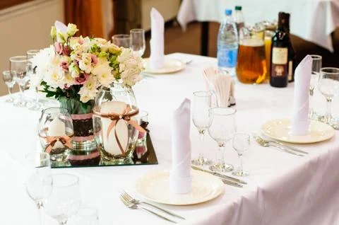 Table setting for wedding dinner. Stock Photos