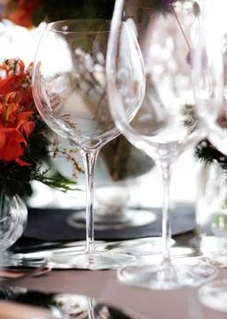 Table setting for a wedding or dinner event, with flowers Stock Photos