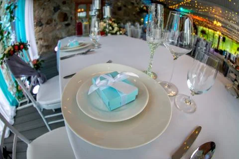 Table setting for wedding party in restaurant Stock Photos