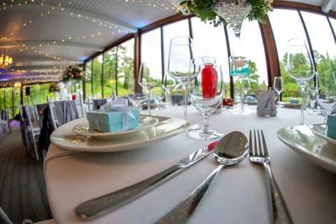 Table setting for wedding party in restaurant Stock Photos