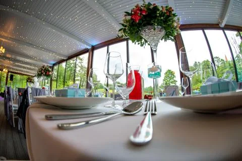Table setting for wedding party in restaurant Stock Photos