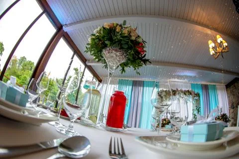 Table setting for wedding party in restaurant Stock Photos