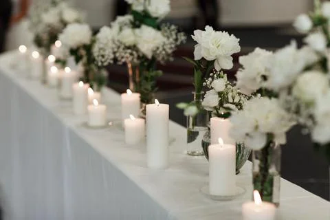 Table setting at wedding reception. Floral compositions with beautiful flower Stock Photos