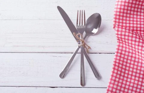 Table settings ( Knife , fork , spoon and tablecloth ) Stock Photos