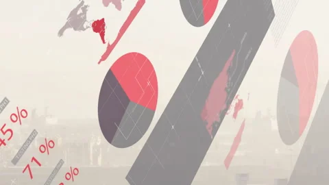 Table settling bars and percents sliding, pie rotating and dials arcing to Video stock 310663389