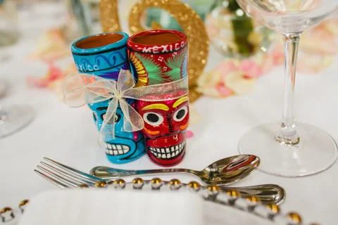 Table setup and mexican shots wedding guest table, reception layout Stock Photos