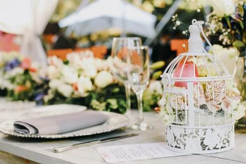 Table setup, wedding guest table, reception layout rustic and vintage backgro Stock Photos