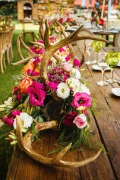 Table setup, wedding guest table, reception layout and deer horns Stock Photos