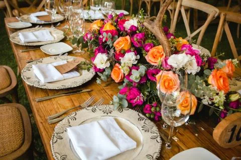 Table setup, wedding guest table, reception layout and deer horns rustic style Stock Photos