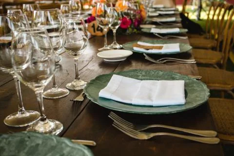 Table setup, wedding guest table, reception layout Stock Photos