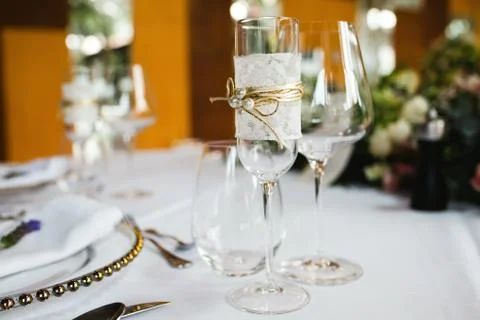 Table setup, wedding guest table, reception layout Stock Photos