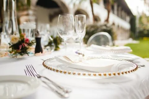 Table setup, wedding guest table, reception layout Stock Photos