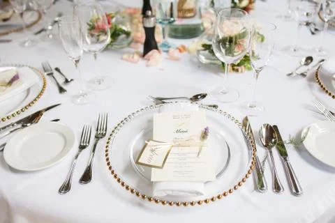 Table setup, wedding guest table, reception layout Stock Photos