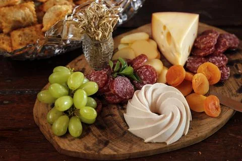 Table with snacks - party buffet with various savory foods Stock Photos