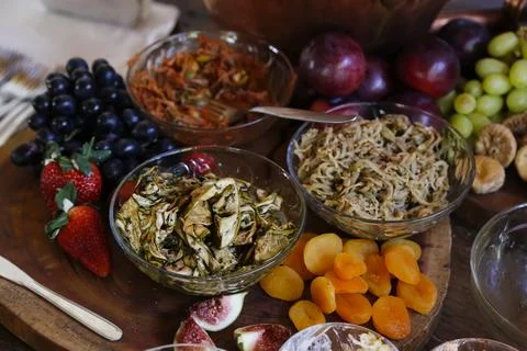 Table with snacks - party buffet with various savory foods Stock Photos