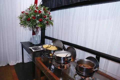 Table with snacks - party buffet with various savory foods Stock Photos