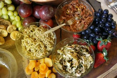 Table with snacks - party buffet with various savory foods Stock Photos