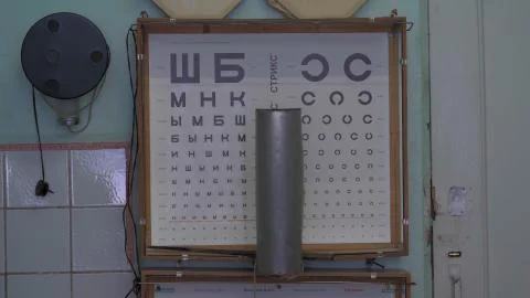 Table for study of visual acuity. Ophthalmologist's office. City Hospital. May Stock Photos