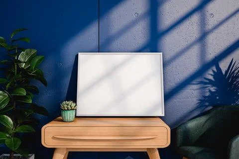 Table with succulent and empty frame. 3d render Illustrazione stock