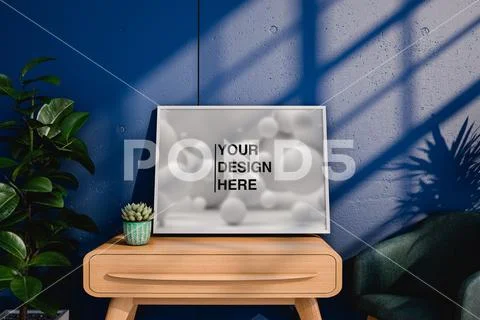 Table with succulent and empty frame. 3d render PSD Template