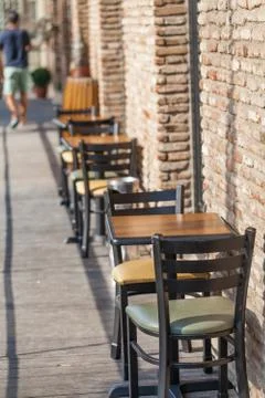 Table in a summer city cafe Stock Photos