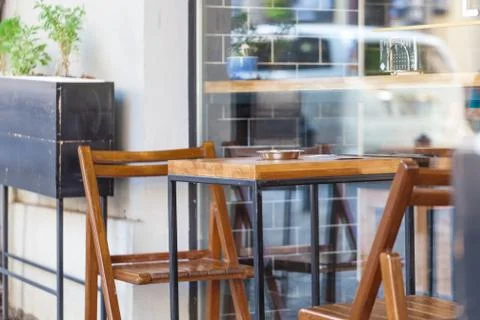 Table in a summer city cafe Stock Photos