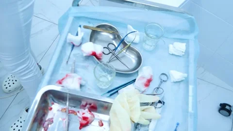 A table with surgical instruments and bloody swabs. Pieces of human skin and Video stock 145602646