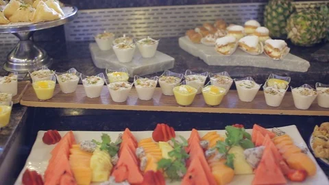 Тable With Sweets, Delicious Desserts, Chocolate Cakes And Fruit Video stock 94464854