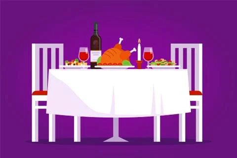 Table with tasty dishes and two chairs vector flat illustration. Romantic dinner Illustrazione stock