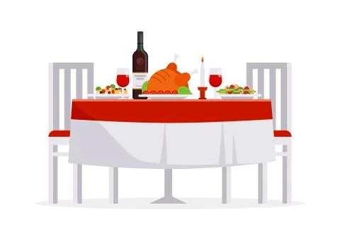 Table with tasty dishes and two chairs vector flat illustration. Romantic dinner Illustrazione stock