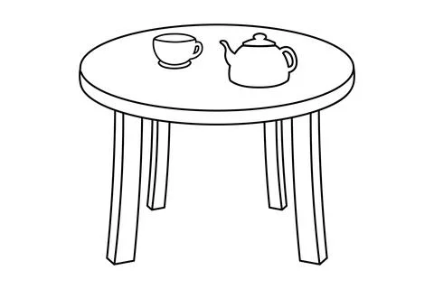 Table Tea Set Line Art Illustration Furniture Kitchen Minimal Design Stock Illustration