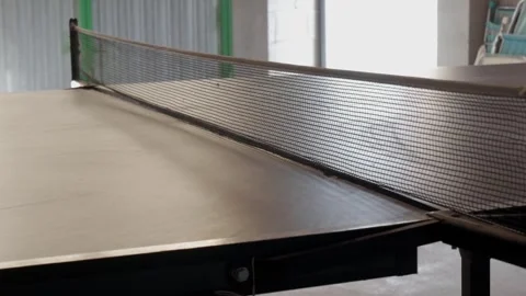 Table Tennis Ball Bouncing Over Net on Indoor Ping Pong Table in Recreation Area Stock Footage 336482190