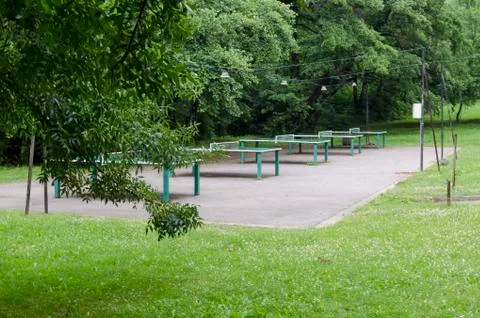 Table Tennis complex with lighting and many tables on a rainy day Stock Photos