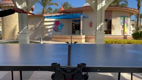 Table tennis game, close up. Feceless people plays ping pong outdoors Stock Footage 170793527