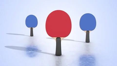 Table Tennis Rackets on a Reflective Floor. Table Tennis Bats 3D Animation. 4K Stock Footage 293680177