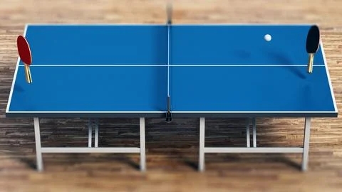 Table tennis table, rackets and ball on parquet floor. 3D illustration Stock Illustration