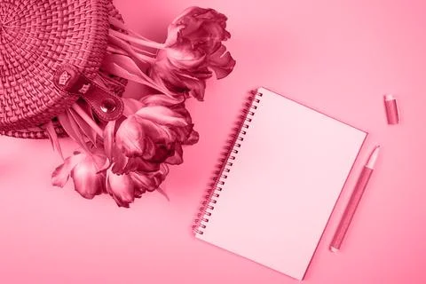 On the table there is a bag with tulips, a notebook and a pen, painted in the Stock Photos