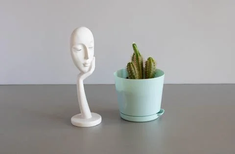 On the table, there is a small pot with a cactus and a white figurine of a .. Stock Photos