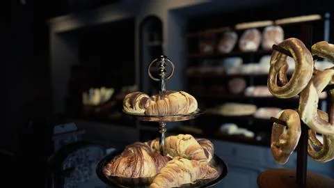 Table With Three Trays of Pastries in Modern Cafe Stock Illustration