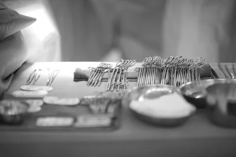 Table with tools and auxiliary materials in the operating room Stock Photos