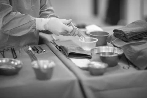 Table with tools and auxiliary materials in the operating room Stock Photos