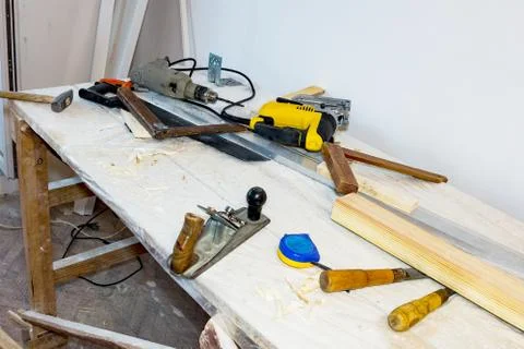 Table with the tools of a carpenter Stock-Fotos